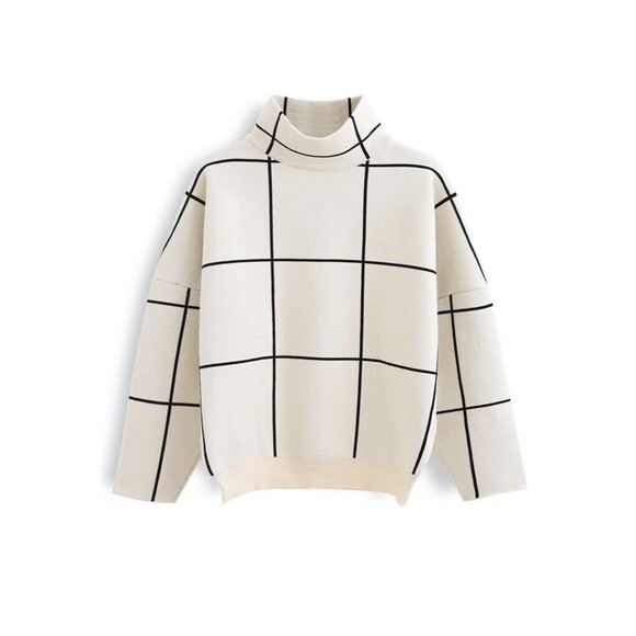Chicwish Wool Blend Long Sleeve Grid Windowpane Turtleneck Sweater Cream Black - Picture 1 of 10